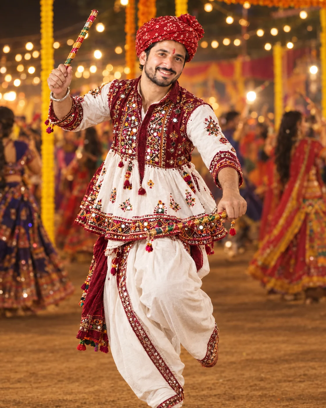 Navratri AI photo editing for boy: before selfie and after kediyu and safa garba look made with a Gemini prompt