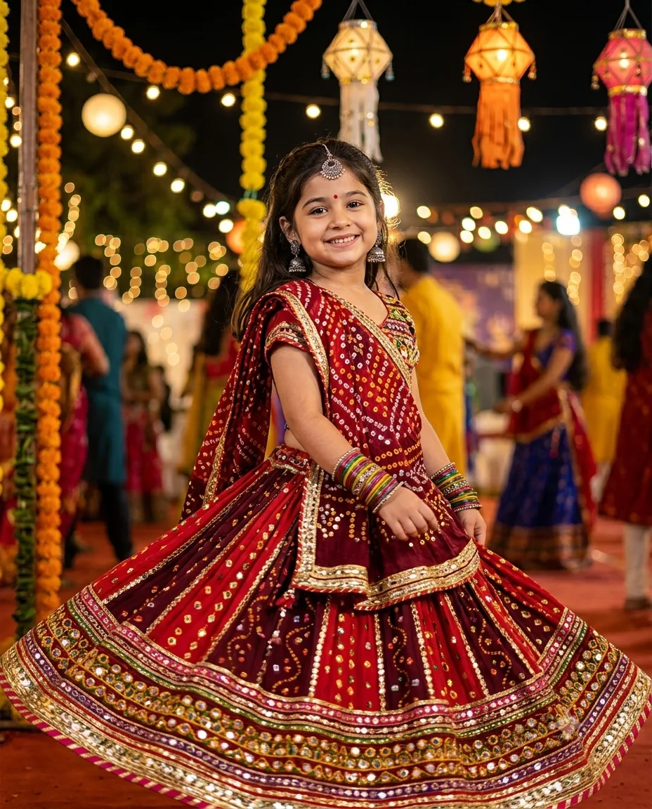 Navratri AI photo before and after: normal selfie turned into a red chaniya choli garba portrait using a Gemini prompt