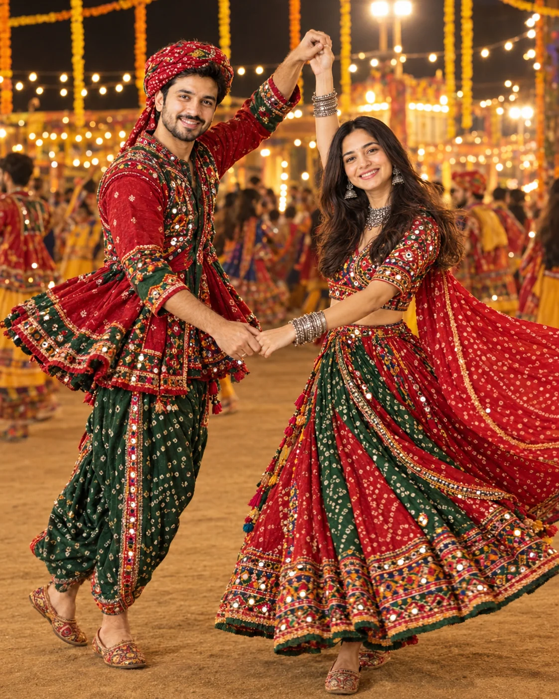 Navratri couple AI photo: before photo and after matching garba outfits twirl made with a Gemini couple prompt